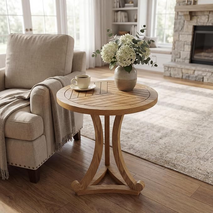 Natural Finish Round Wood Accent Table Farmhouse Elegant Curved Base Side End Table for Living Room, Bedroom, or Patio