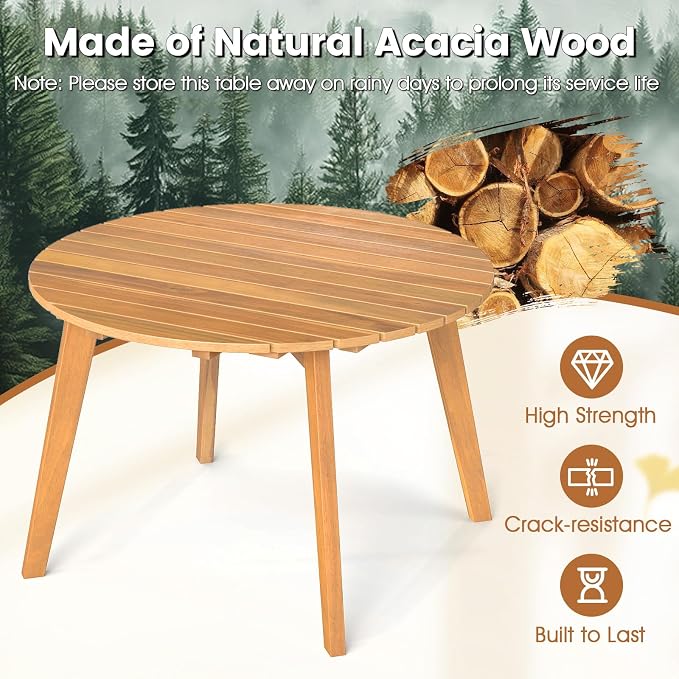 HAPPYGRILL Acacia Wood Patio Bistro Side Table, Outdoor Round End Table with Slatted Tabletop, for Backyard Poolside Garden, 24.5 Inch (1)