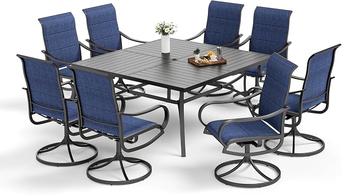 MFSTUDIO Outdoor Dining Set for 8, Metal Table w/Swivel Chairs, Navy Blue | Padded textilene chairs, High back, Ergonomic Design, Umbrella hole, Weather reistant, Patio deck garden backyard