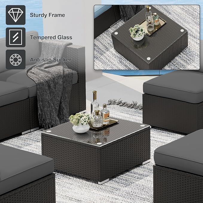SUNCROWN 7-Piece Outdoor Patio Furniture Sofa Set All-Weather Wicker Sectional Conversation Set with Modern Glass Coffee Table, Cushions and Waterproof Cover,Dark Grey