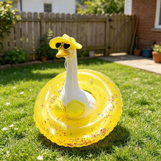 Bikini Porch Goose Outfits,Porch Goose Summer Outfits Swimsuit with Hat Sunglasses & Swim Ring,Fit 23'' Lawn Goose Statue for Summer Outdoor Garden Lawn Yard Decor(Swimsuit-Yellow)