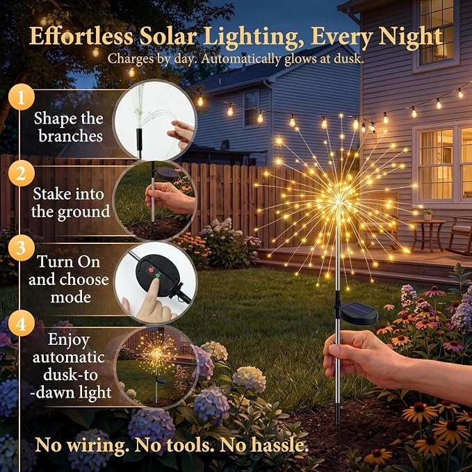Solar Firework Lights, 10 Pack 120 LEDs 8 Lighting Modes Solar Fairy Garden Lights Outdoor Waterproof for Yard Patio Walkway Pathway Party Wedding Balcony Decorative- Warm White