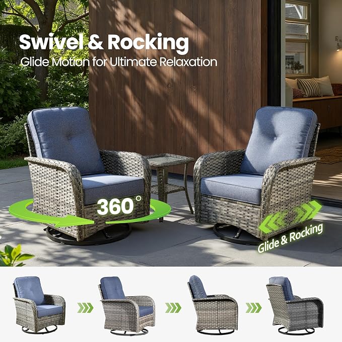 7 Piece Patio Furniture Set with Firepit Swivel Chair, Denim Blue | High Back Swivel Rocker Chairs, Deep Seat Sofa Ottoman, Fire Pit Table, Outdoor Conversation Sets for Porch Deck Backyard