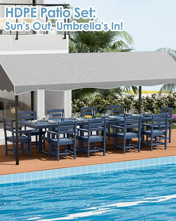 WACASA 12-Piece HDPE Outdoor Dining Set for 10, Weatherproof Poly Lumber Patio Set, Steel-Reinforced Dining Table and Chairs with Umbrella Hole, Blue