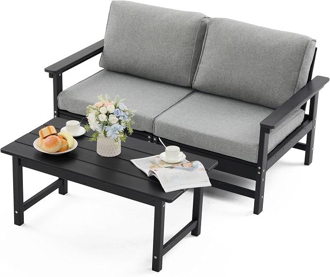HDPE Outdoor Loveseat Patio Furniture Set with Cushions, 3 Piece Patio Conversation Set Sofa Set,All Weather Outdoor Couch Set with Coffee Table for Lawn, Garden, Deck