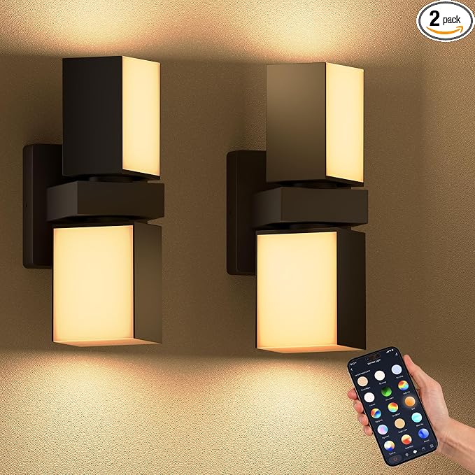 XMCOSY+ Smart Outdoor Wall Lights, 1400LM RGBCW Porch Lights 2-Pack | Smart App Control, Alexa Compatible, Color Changing Warm & Cool White, IP65 Waterproof 350° rotating dual heads Wall Sconce