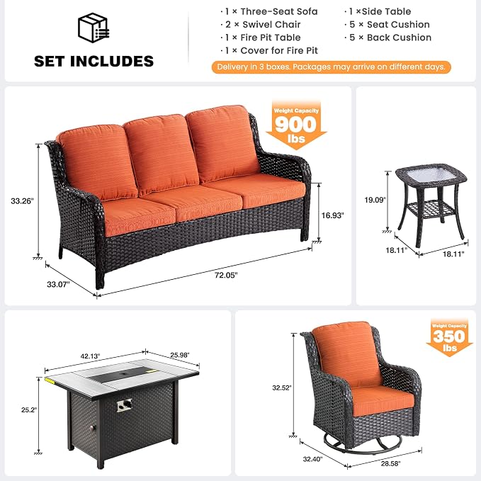 ovios 5-Piece Patio Furniture Set with Swivel Chairs Side Table, Outdoor Wicker Sofa with 42" Fire Pit Table, High Back Couch Modern Conversation Sets, Brown/Orange Red
