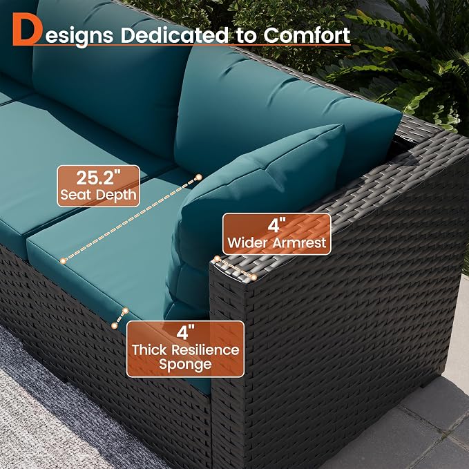 Patio Furniture Set, 7-Piece Outdoor Sectional All-Weather Wicker Patio Conversation Set for Backyard, Garden, Peacock Blue
