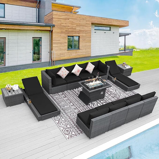 BULEXYARD 13 Piece Large High Back Grey Rattan Patio Furniture Set with Fire Pit Table and Lounge Chaise, Luxury Comfy Deep Wide Seat Outdoor Sectional Conversation Sofa, Gray Wicker and Black Cushion