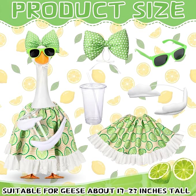 Abbylike Summer Lime Porch Goose Outfit Lemons Clothes Costume for 23'' Goose Dress with Green Bow Frame Glasses for Summer Garden Porch Statue Yard Pathway Decorations