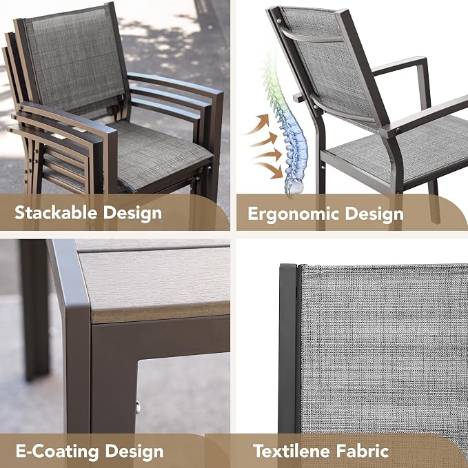 Devoko Patio Dining Set 7 Piece Outdoor Furniture with Rectangular Table and 6 Stackable Chairs Family Conversation Set for Garden Backyard Deck (Grey)