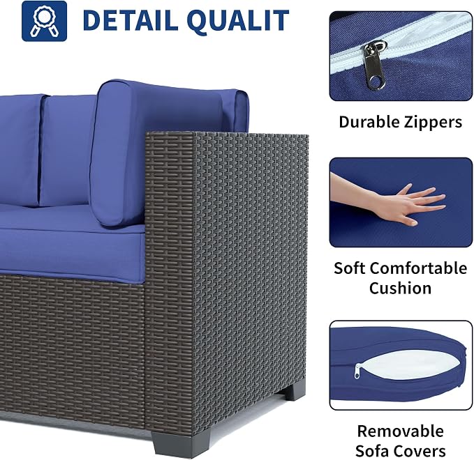 SHGJ&SOFT 7 Piece Outdoor Patio Furniture Set, All-Weather Rattan Wicker Modular Sectional Sofa Conversation Set with Water-Resistant Cushions & Tempered Glass Table for Backyard Poolside (Blue, 7pcs)