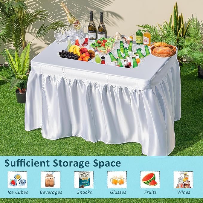 Giantex Foldable Ice Bin Table with Drain & Bucket, Removable Skirt, 48" x 32" HDPE Cooler Table for Parties, Catering, Weddings, Outdoor Events, Portable Fill and Chill Beverage Serving Station