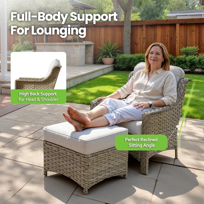 2 Piece Patio Furniture Set, Outdoor Wicker Chairs Set of 2 with Thick Cushion, Heavy Duty High Back Comfortable Chair for Small Balcony Porch Garden, Grey