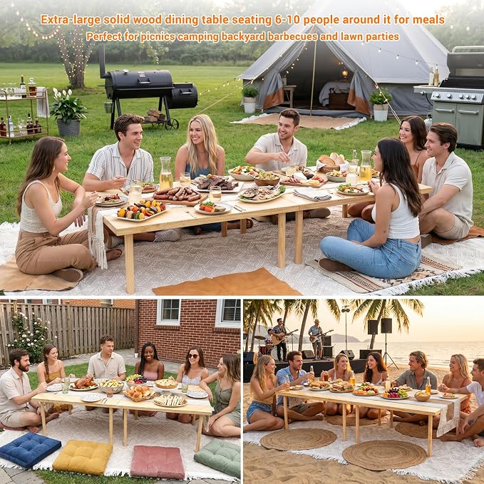 Upgraded Extra Large Low Wooden Folding Picnic Table with 8-Legs, Thick Varnished Tabletop, 80"×30" Portable Boho Beach Table with Table Runner for Yard, Camping, Outdoor Party (Diagonal)