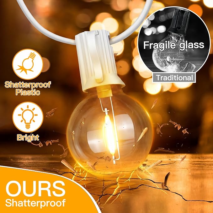 Ollny 50FT Outdoor String Lights, Waterproof Connectable Shatterproof Outside Light with 25 Edison + 2 Spare LED Bulbs Plug in, Patio Lights for Indoor Balcony Porch Camping Deck White