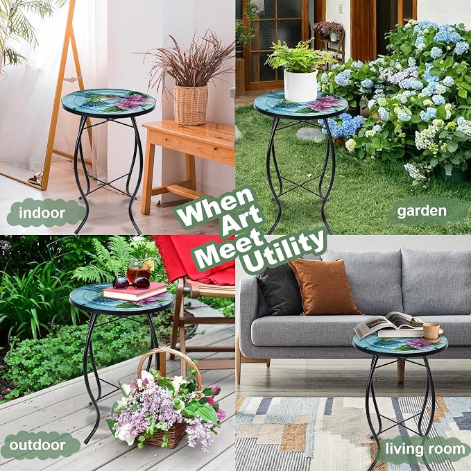 VCUTEKA Patio Side Table Outdoor Accent Table Small Mosaic Table Coffee Table End Table Porch Indoor Outdoor Round Glass Balcony Bistro Hummingbird Flowers 14 inches