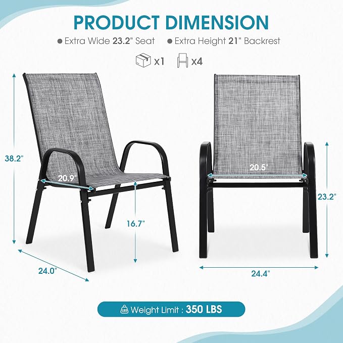 24.4" Wide Outdoor Stackable Chairs Set of 4, Stacking Patio Chairs with Textilene Fabric, Outside Furniture for Garden Backyard Balconie Poolside Deck, Grey