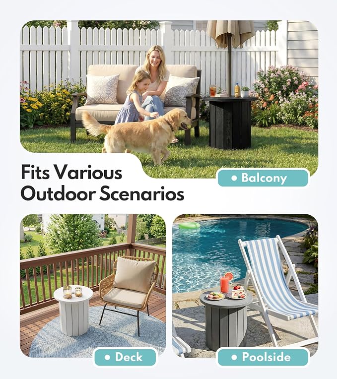 PASAMIC 2-in-1 Patio Table Umbrella & Outdoor Side Table, Large Round Small Outdoor Table with Umbrella Hole, Fits 1.5-1.9in Pole, 5Gal Water Bag Base, HDPE for Poolside, Deck, Garden Use, Black