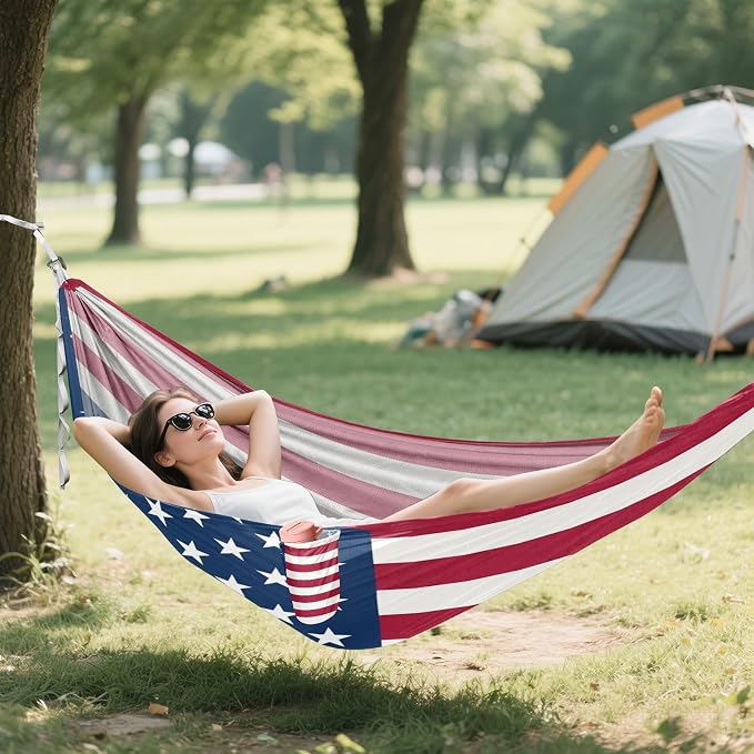 American Flag Camping Hammock, Portable Lightweight Single Hammock with Tree Straps and Aluminum Carabiners, 114" x 54" Travel Hammock for Hiking Backpacking Beach