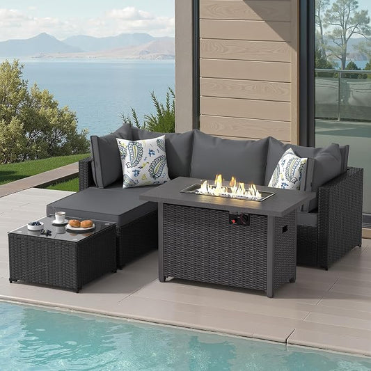Patio Furniture Set, 6PCS Patio Sectional w/ Fire Pit Tabel Ottoman Wicker Rattan Outdoor Furniture with Thickened Cushion Modular Wicker Patio Conversation Set with Glass Top Table for Balcony(Grey)