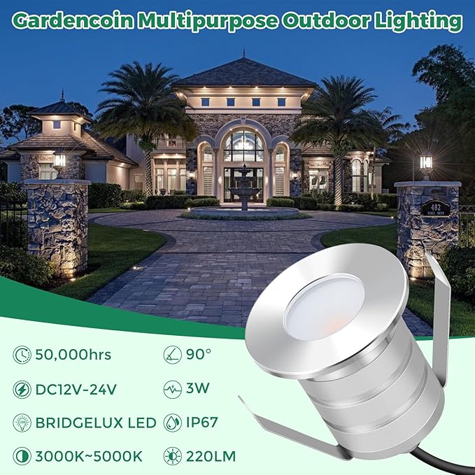 Outdoor Recessed LED Lights, 3 Watt Soffit & Deck Riser Lighting Flush Mount, 12V-24V Low Voltage Landscape In Ground Well Light, IP67 Waterproof, 3000K Warm White, 6 Pack