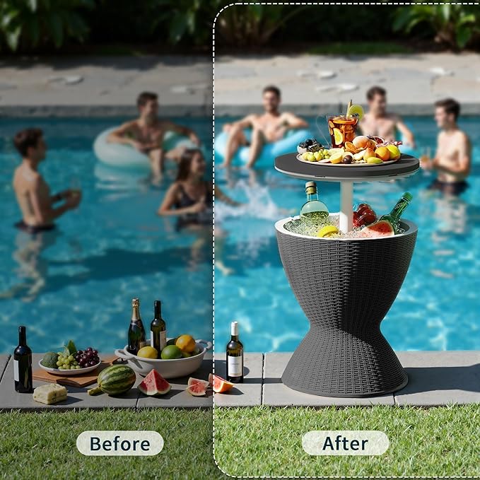 ROJIK 3-in-1 Resin Ice Bucket & Beverage Cooler – Wood Look Patio Table, UV Protection & Drain Plug for Outdoor Parties, Bars, and Poolside Use