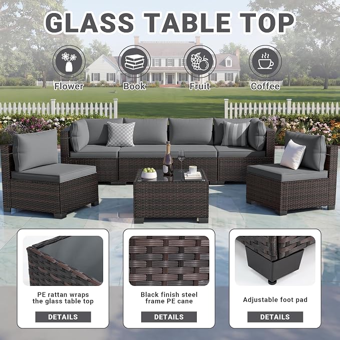LEVELEVE 7-Piece Outdoor Patio Furniture Sets, Manual Weaving Rattan Conversation Sectional Sofa with Tempered Glass Coffee Table, All-Weather PE Wicker & Thick Cushions for Garden, Backyard, Porch