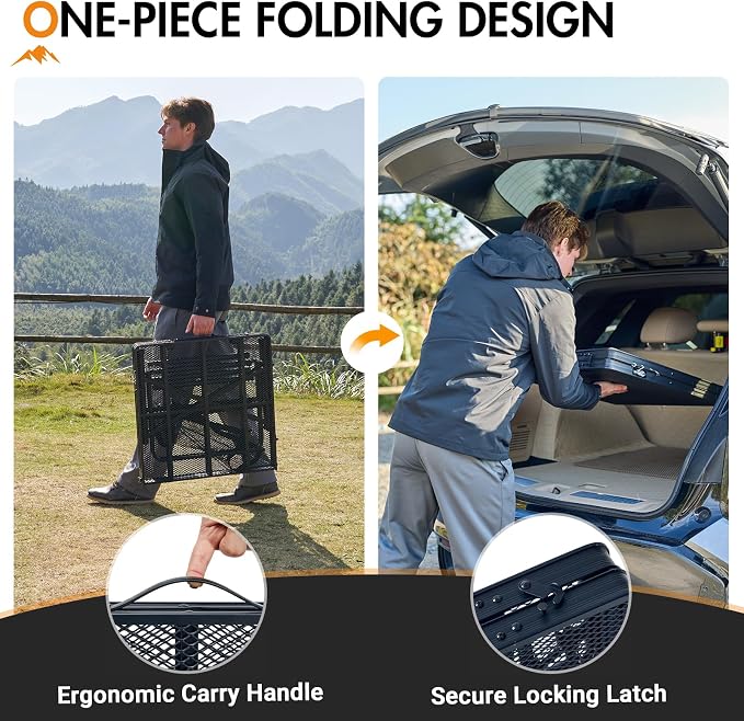 Portal Iron Mesh Folding Grill Table with 2 Adjustable Heights(15" & 29"), Heavy Duty Metal Camp Table, Heat-Resistant Tabletop for BBQ & Outdoor Cooking, One-Piece Folding Design, Dark Gray