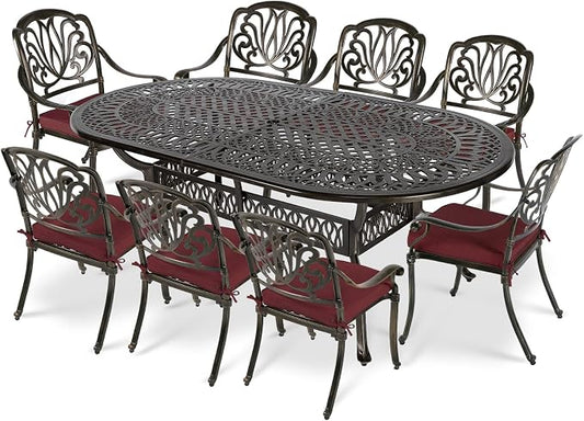 VIVIJASON 9-Piece Outdoor Furniture Dining Set, All-Weather Cast Aluminum Patio Conversation Set, Include 8 Cushioned Chairs and an Oval Table with Umbrella Hole for Balcony Lawn Backyard, Red Cushion