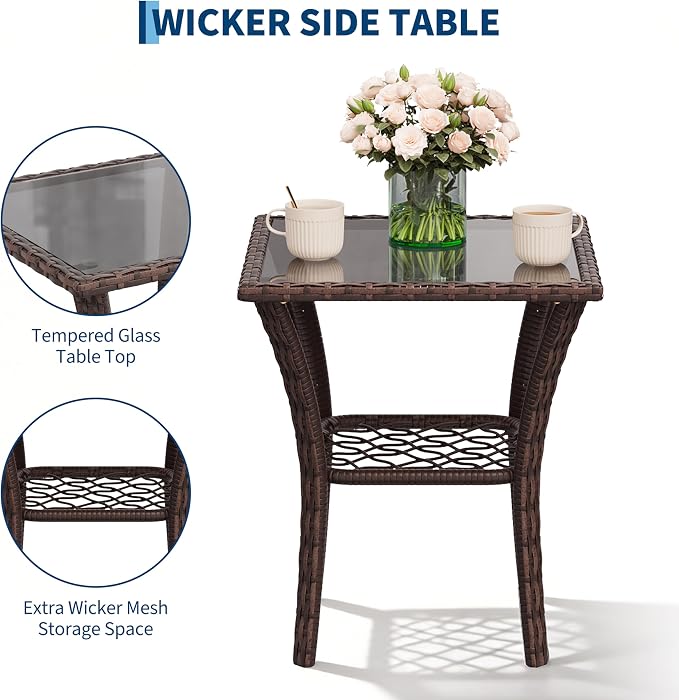 3 Pieces Patio Furniture Set, Outdoor Swivel Glider Rocker with Washable Cushions, Tempered Glass Tabletop Conversation Set for Deck, Porch, Balcony, Backyard, Garden, Brown & Blue