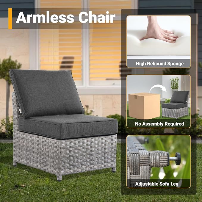 CAODOC 12 Pieces Outdoor Furniture Patio Sectional Sofa Couch Gray PE Wicker Conversation Sets with Ottomans Glass Coffee Table for Garden Poolside Backyard