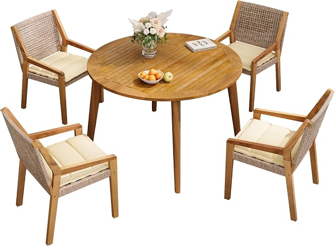VilroCaz Modern 5-Piece Outdoor Dining Set, Acacia Wood Round Table & 4 Wicker Armchairs with Cushions, Teak Finish, 400 lbs Chair Capacity, for Patio Garden Deck Poolside (Beige-5.19T)