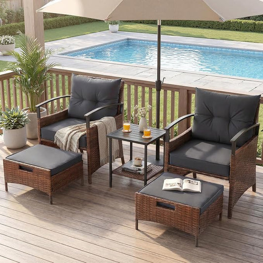 AVAWING 5 Pieces Wicker Patio Conversation Set, Outdoor Rattan Chairs with Ottoman, Metal Coffee Table, & Cushions, Outside Furniture Sets for Garden, Deck, Backyard, Poolside(Dark Grey)