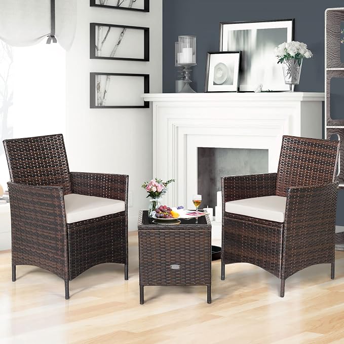 COSTWAY 3 Pieces Patio Rattan Furniture Set, Outdoor Wicker Cushioned Sofa with Tempered Glass Tabletop, Rattan Conversation Set for Porch Yard Balcony Backyard Pool, White