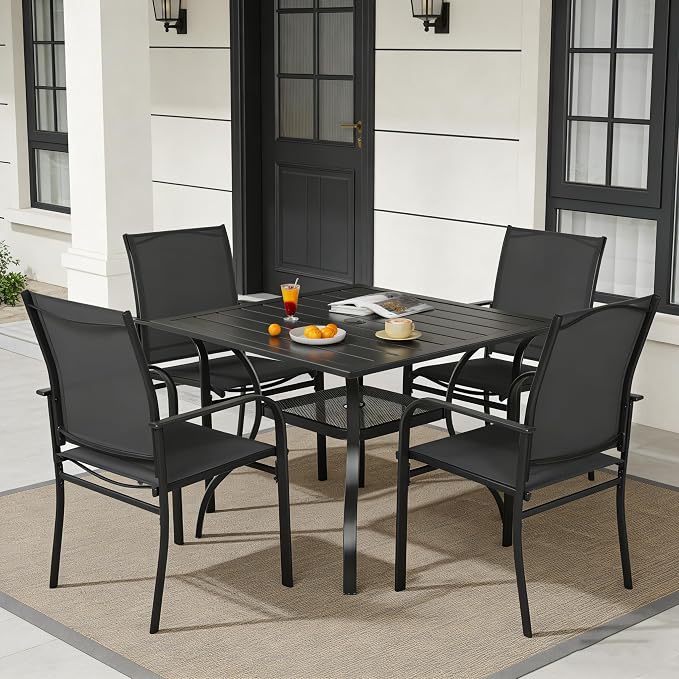 SUNCROWN 5 Pieces Outdoor Dining Set, Patio Furniture Set with 4 x Textilene Dinning Chairs and 1 Steel Slat Metal Bistro Table for Lawn Garden Backyard Poolside Deck, Black