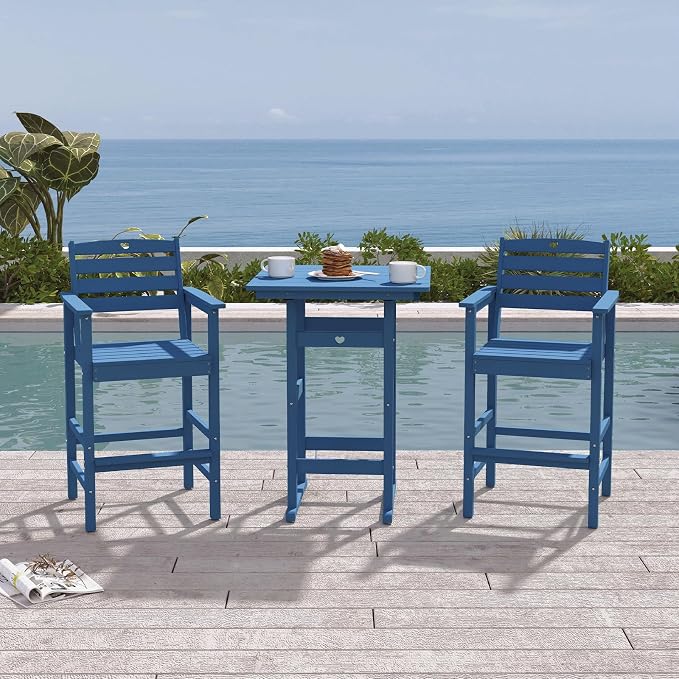 Patio Bar Table,Adirondack Chairs and Table 2 Pieces Set, Bar Height Chairs Set of 2, Outdoor Bar Stools Set,Weather-Resistant Outdoor Furniture for Deck, Balcony, Poolside Easy Assembly