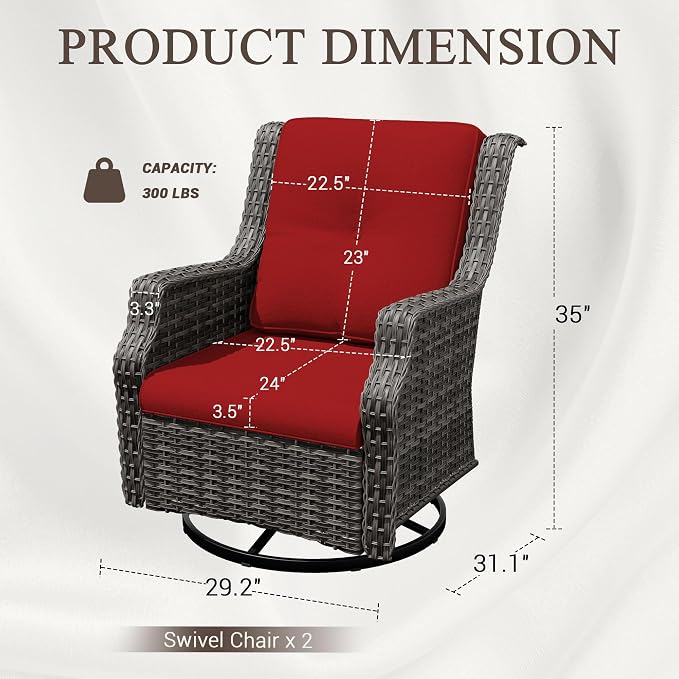 Outdoor Wicker Chairs Set of 2, Patio Swivel Rattan Chair with Wide Armrest and Thick Cushions, Ideal for Backyard, Garden, Poolside, Red
