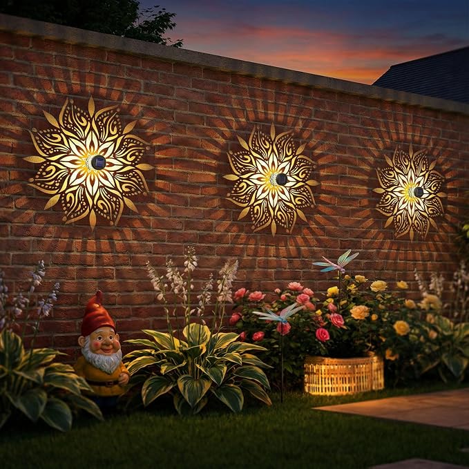 2 Pack Solar Fence Lights Metal Solar Powered Outdoor Wall Deck Step Lights Mandala Theme Waterproof Fence Light for Garden Post Patio Backyard Yard Decor, Gardening Gifts for Women Mom Grandma