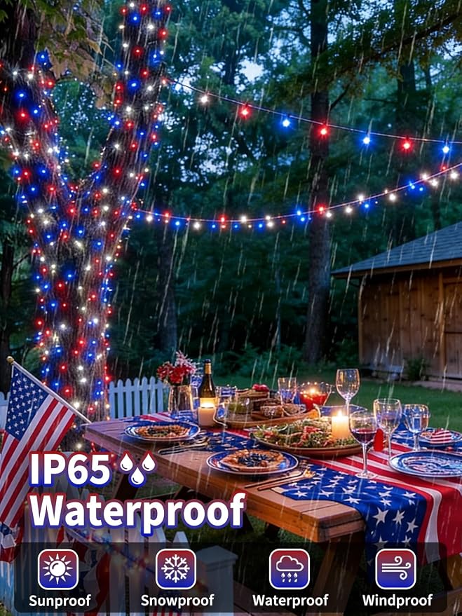 Solar String Lights Outdoor 2 Pack 200 LED Christmas Lights Red White Blue | 8 Lighting Modes, Memory Function, Auto On/Off, 66FT Waterproof Twinkle Lights for Outside Patio Yard Xmas Tree Decorations