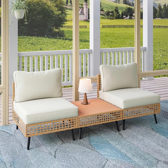 LAUSAINT HOME Outdoor 3 Pieces PE Wicker Patio Conversation Set, All-Weather Rattan Sectional Sofa with Thick Cushions & Coffee Table for Garden, Yard and Balcony (Beige)