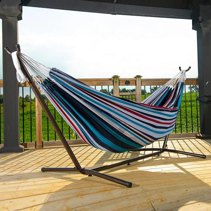 Vivere Double Cotton Hammock with Space Saving Steel Stand, Upgraded Polyester End Strings 450 lb Capacity - Premium Carry Bag Included - USA Grown Cotton (Denim)