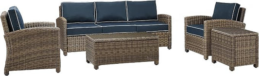 Crosley Furniture Bradenton 5-Piece Outdoor Sofa Patio Furniture Set, Wicker Conversation Sets for Porch, Brown with Navy Cushions