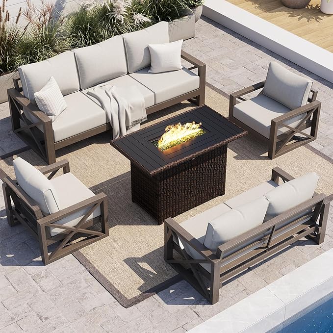 UDPATIO Aluminum Patio Furniture Set, Faux Wood Grain Modern Outdoor Furniture, 6" Cushions Metal Patio Conversation Sofa with Fire Table for Poolside Deck, 8 PCS, Beige(Include 600D Covers)