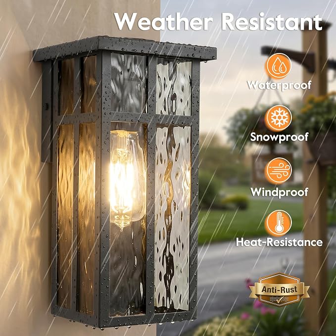 Outdoor Wall Light Fixtures, Modern Black Porch Wall Lanterns | Waterproof Construction & Durable Metal, Rust-Resistant, Quick & Easy Installation, Ripple Glass Shades & Standard E26 Socket