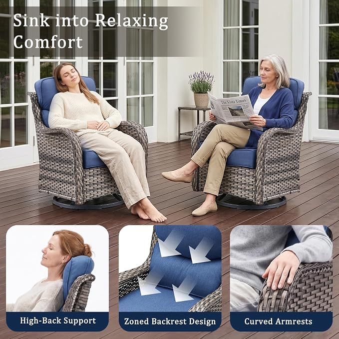 Luxury 6" Thick Cushion 9 Pieces Wicker Patio Furniture Set with 41”Fire Table, Outdoor Conversation Set with Patio Couch and Swivel Rocker Chairs for Deck Porch Yard and Poolside