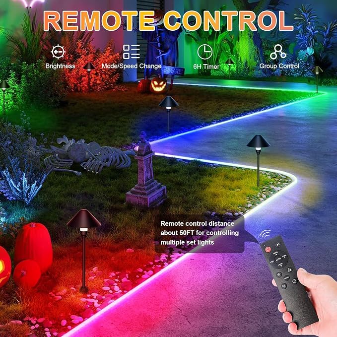 6 Pack Low Voltage Pathway Lights with Remote Timer, Low Voltage Landscape Lighting Warm White + RGB Modes, Outdoor LED Landscape Path Lights for Yard Lawn Backyard Walkway ETL Listed Transformer
