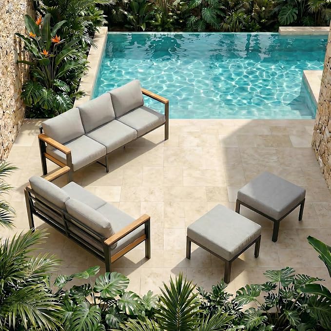 HOMREST 4 Piece Outdoor Patio Furniture Set, 7 Seat Oversized Outdoor Sectional Sofa with Washable Thick Cushions, Patio Conversation Set with Special Wide Armrest and Deep Seat, Gray