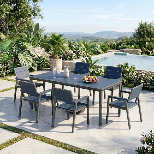 7 Pieces Outdoor Dining Set for 6, Patio Table and Chairs with Umbrella Hole, Aluminum & HDPE Weather-Resistant Furniture for Lawn, Garden, Porch, Balcony, Poolside (Navy)