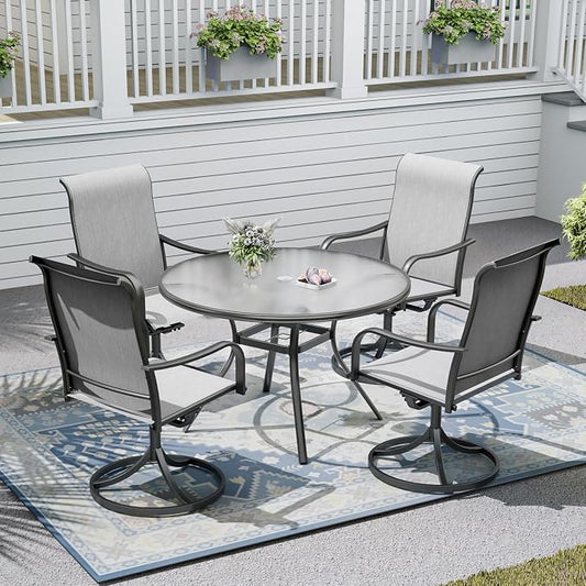 Outdoor Patio Set, 40" Round Glass Dinging Table and 4pcs Swivel Chairs, All-Weather Patio Furniture Set with 1.7" Umbrella Hole for Garden Backyard Lawn Poolside